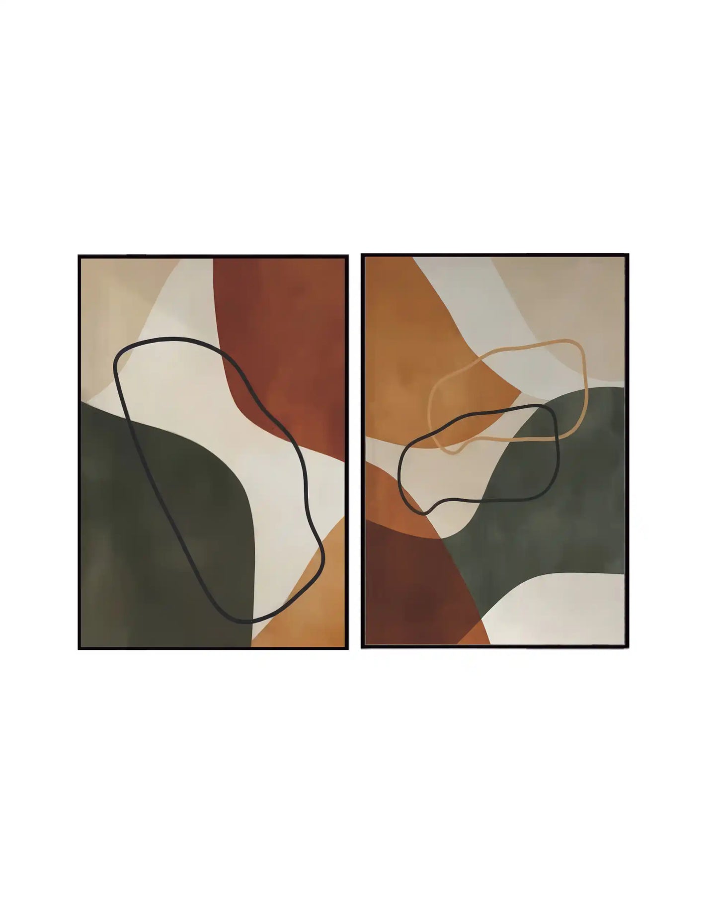 An abstract 2-panel diptych canvas wall art print set depicting fluid terracotta and sage green organic blocks with minimalist line overlays for modern home decor.