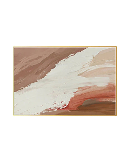 Horizontal canvas print featuring an earthy abstract design with a sweeping diagonal band of thick white impasto paint strokes layered over terracotta, blush pink, and brown color fields.