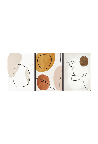 Three 50x70 cm terracotta and beige abstract canvas print wall art panels depicting a minimalist continuous single line female face profile, organic shapes, and terracotta circles for modern living room decor.