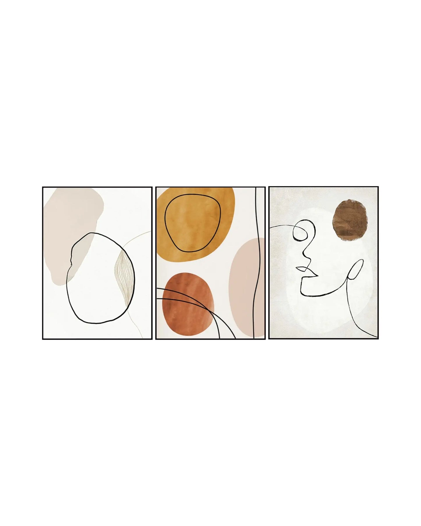 Modern minimalist abstract triptych canvas prints featuring mid-century organic shapes, continuous face line art, and fluid geometric circles in beige, cream white, mustard yellow, terracotta orange, and brown.