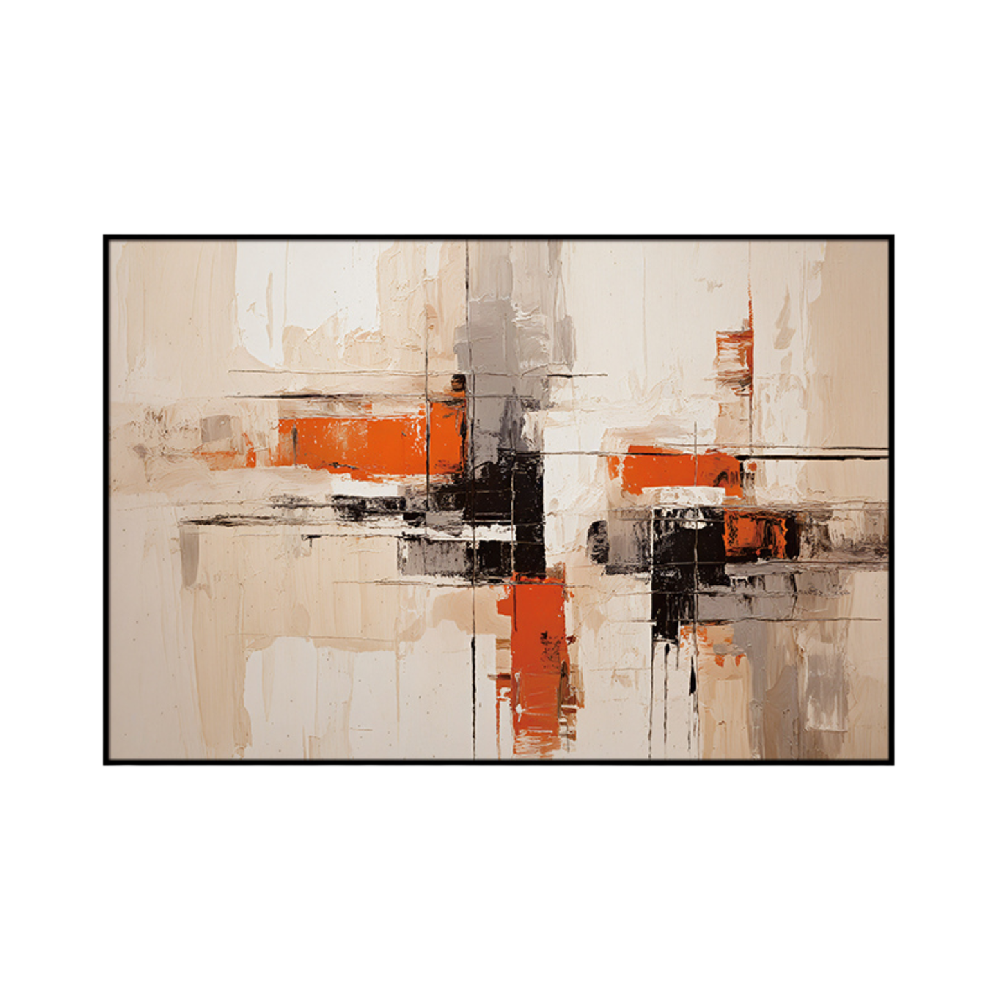 An 80x120 cm terracotta and grey abstract canvas print wall art panel depicting minimalist intersecting geometric block paths, orange stripes, and black structures for modern living room decor.