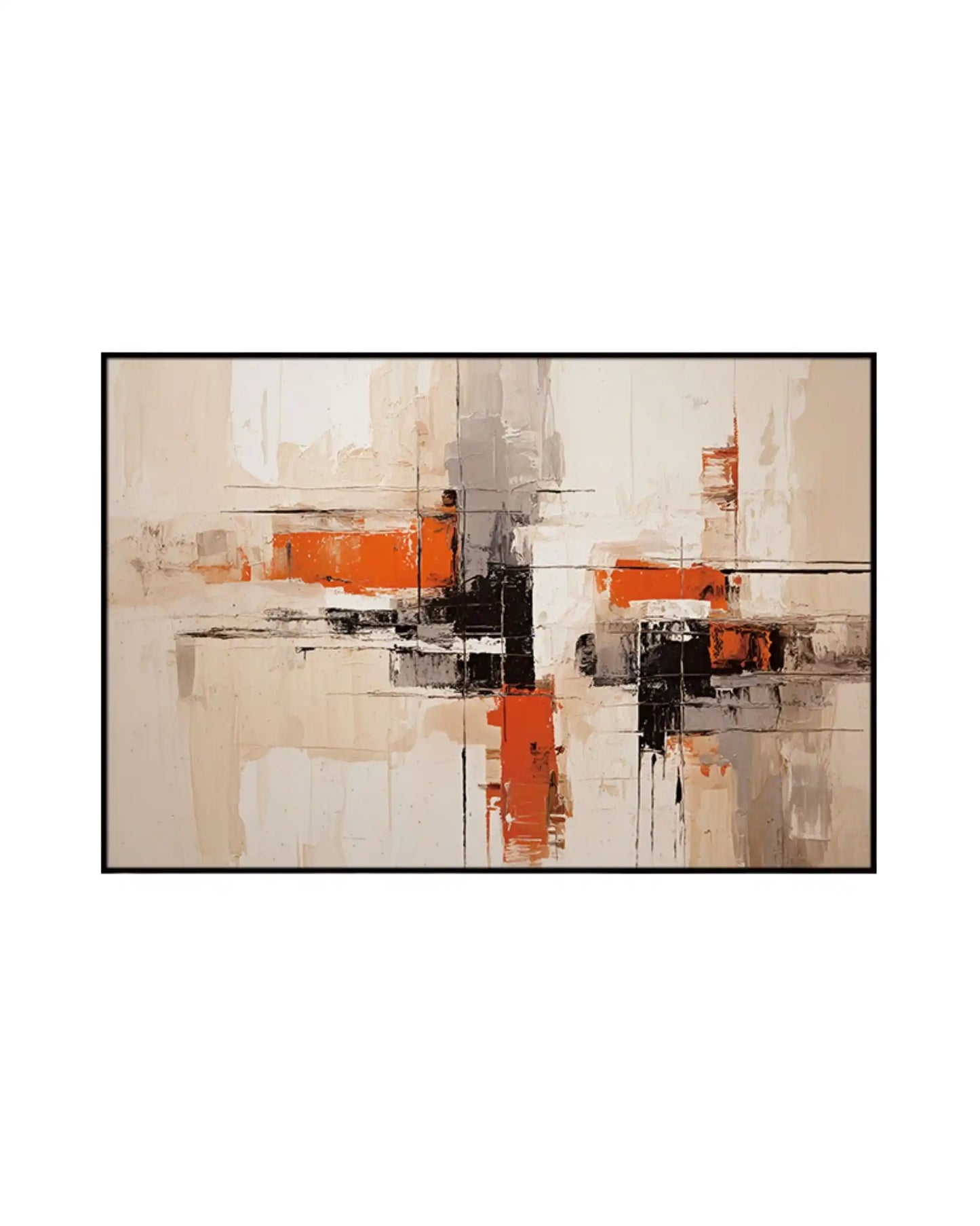 Abstract art painting with orange, black, and beige colors on a white background