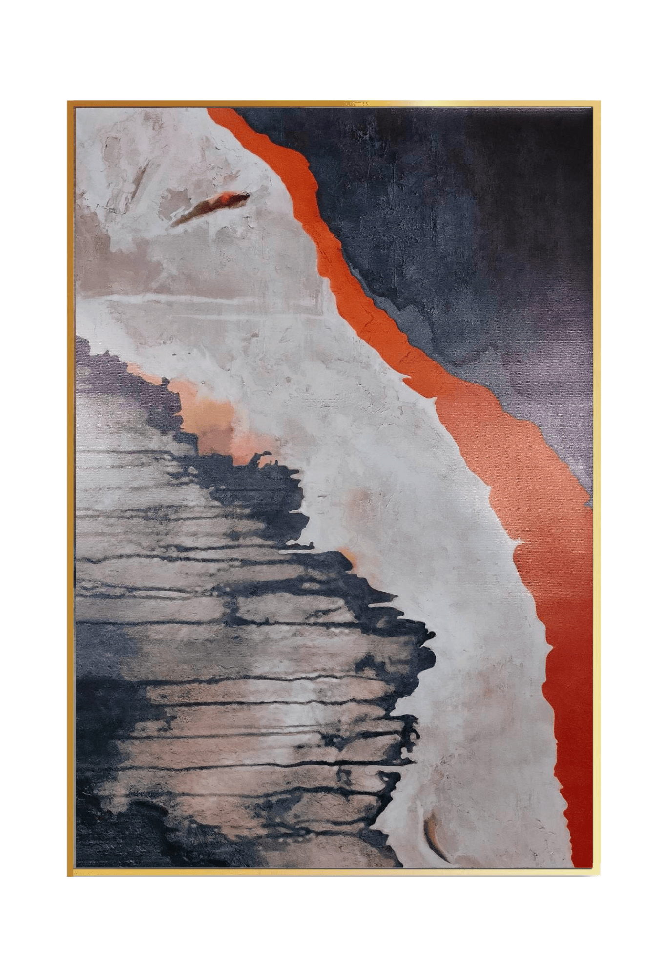 An 80x120 cm terracotta and navy abstract canvas print wall art panel depicting a minimalist printed design of deep blue ground paths, fine horizontal lines, and a bold diagonal orange ribbon band for modern living room decor.