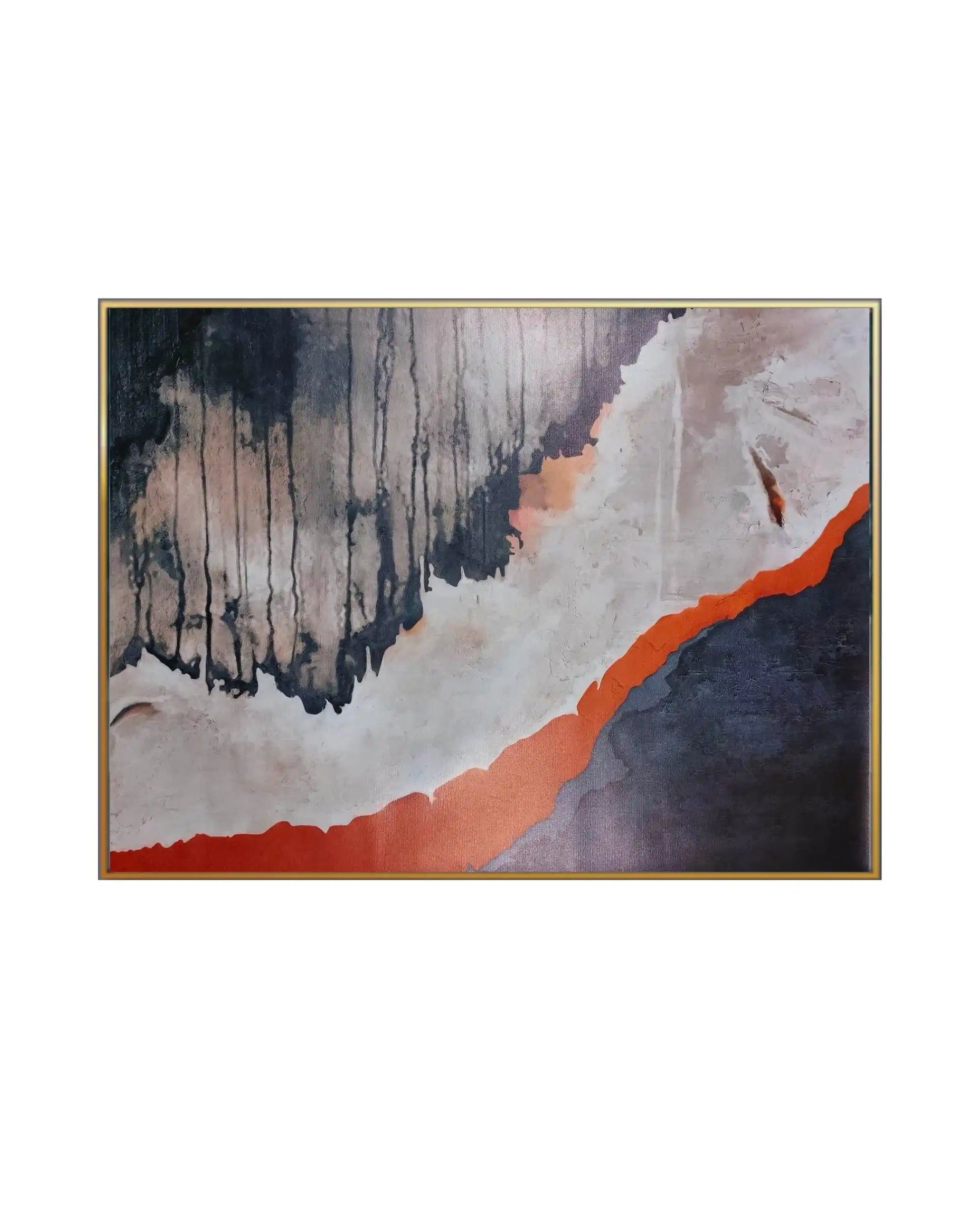 Canvas print featuring a modern abstract design with a prominent, jagged orange stripe cutting diagonally across textured fields of charcoal grey, off-white, and dripping black paint effects.