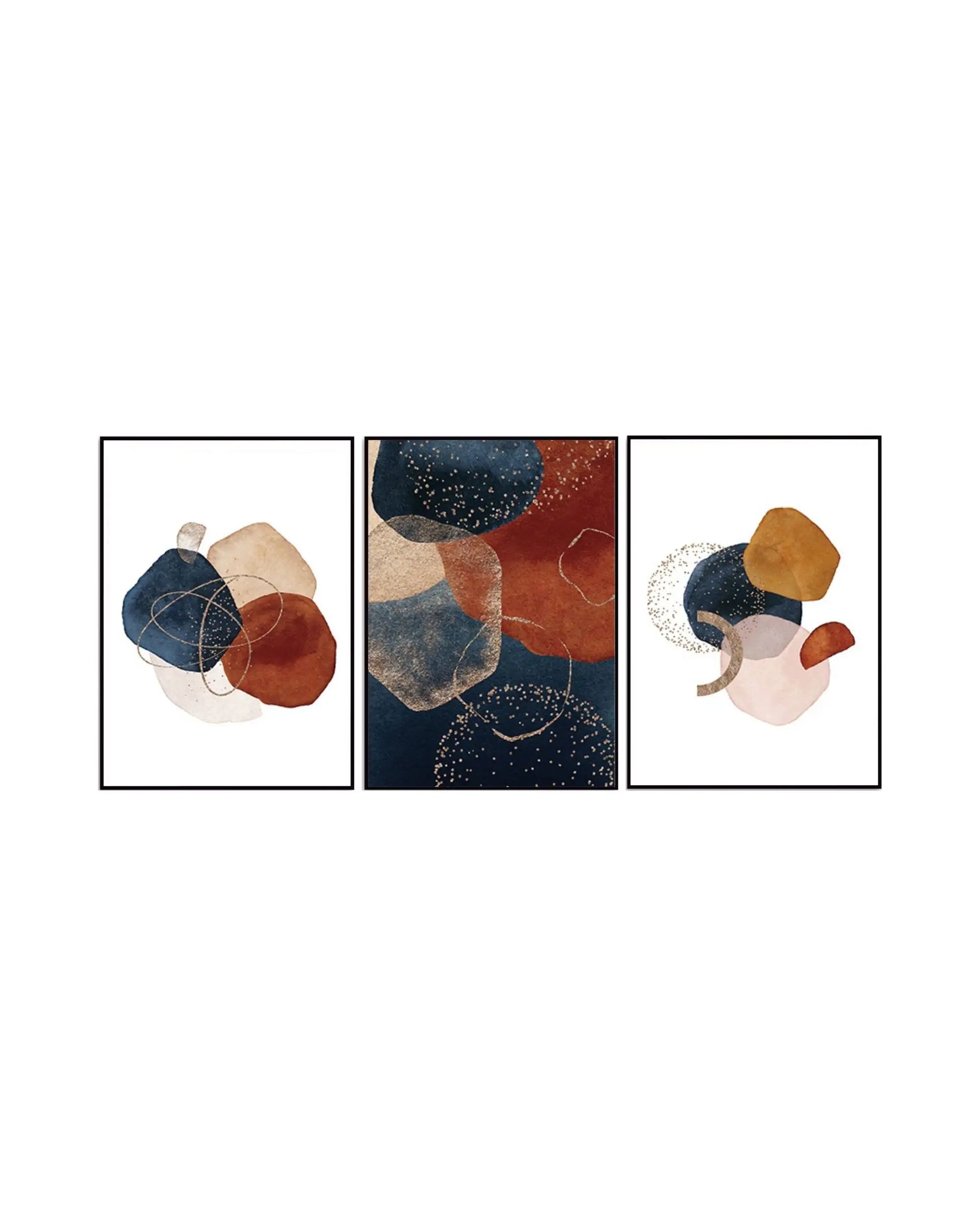 Modern minimalist abstract triptych canvas prints featuring overlapping organic pebble shapes, shimmering gold speckles, fluid watercolor patches, and fine linework in navy blue, rust orange, terracotta, mustard yellow, and beige.