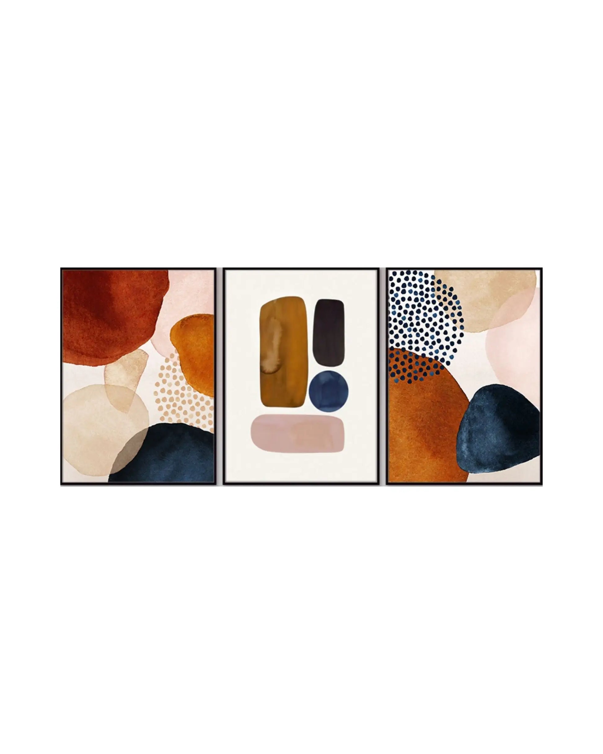 Modern minimalist abstract triptych canvas prints featuring mid-century organic shapes, stacked geometric pebbles, clusters of minimalist dots, and textured watercolor layers in terracotta orange, navy blue, ochre yellow, blush pink, and beige.