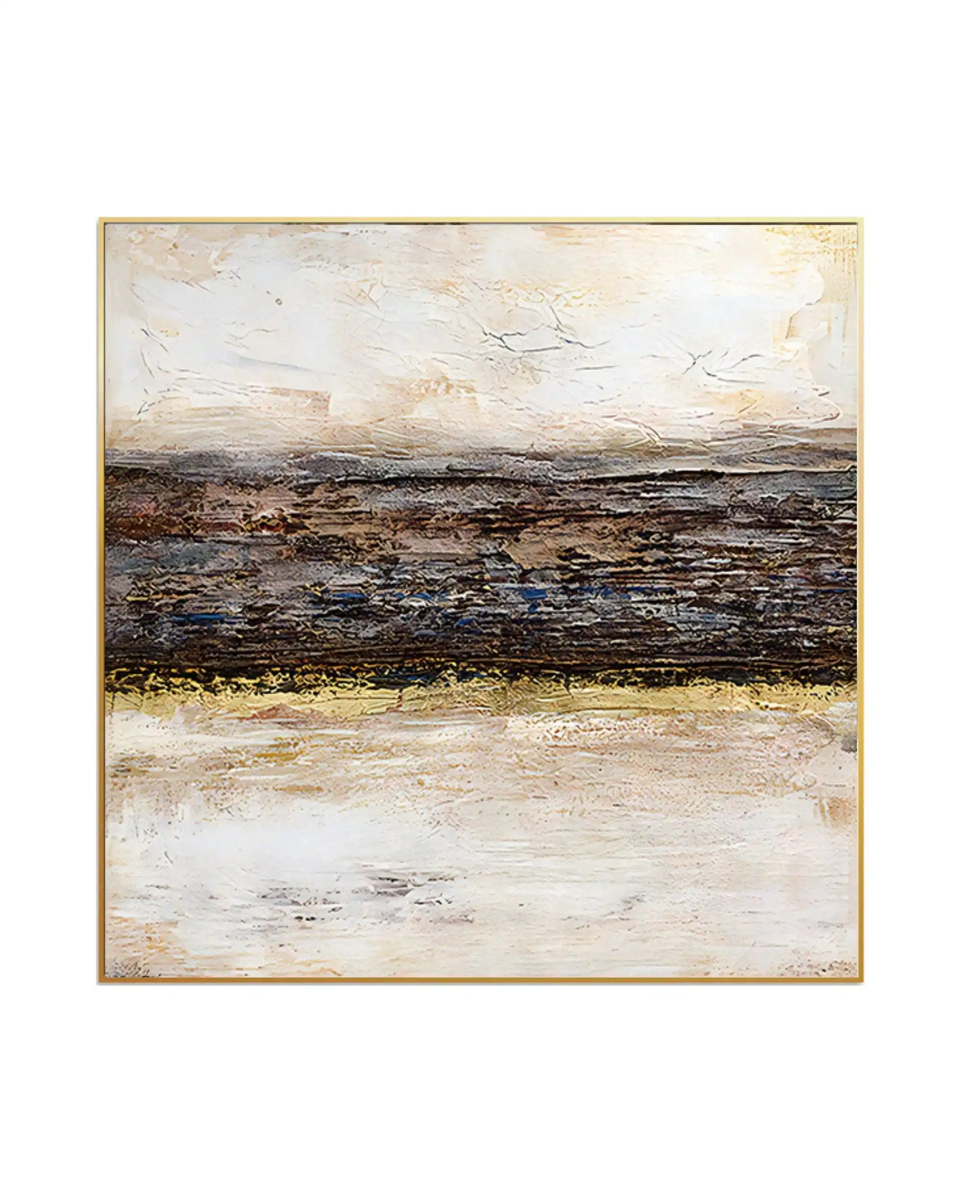 Large square abstract landscape painting featuring textured cream and dark brown horizontal bands with metallic gold accents in a slim gold frame.