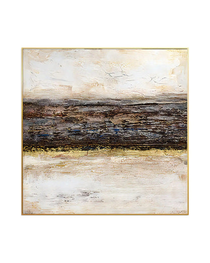 Large square abstract landscape painting featuring textured cream and dark brown horizontal bands with metallic gold accents in a slim gold frame.