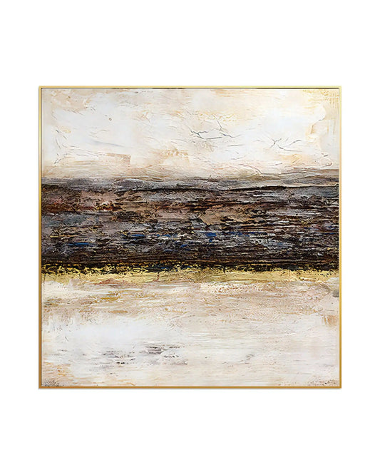 Large square abstract landscape painting featuring textured cream and dark brown horizontal bands with metallic gold accents in a slim gold frame.