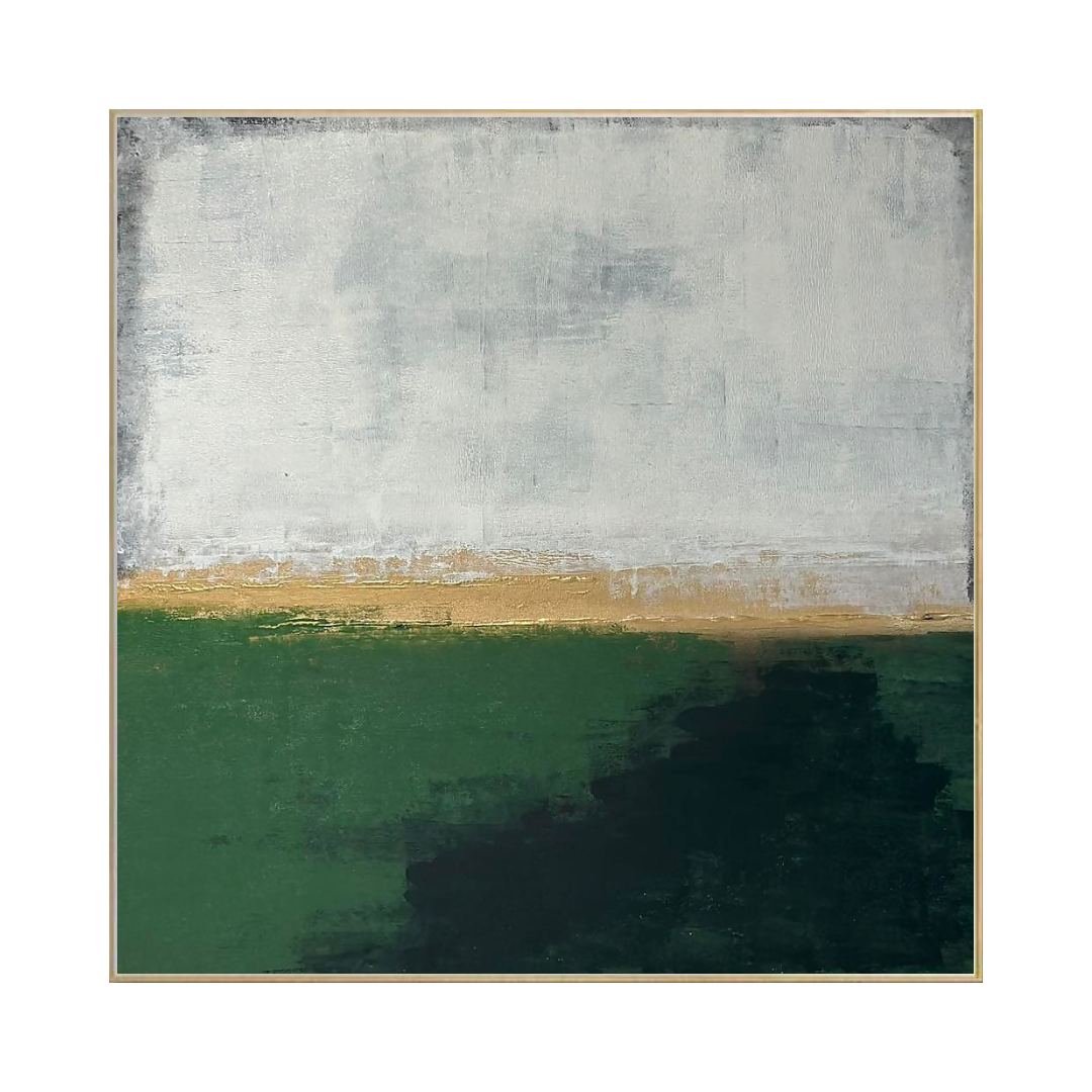 The Veil of Growth 75x75 cm original hand-painted canvas wall art panel by Skye depicting an authentic textured square layout with an earthy green base, a horizontal sand beige horizon line, and a soft white upper sky for luxury living room decor.
