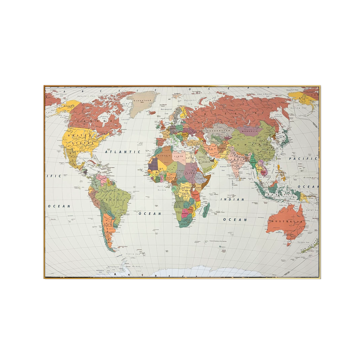 An 80x120 cm vintage world map canvas print wall art panel depicting a minimalist global cartography chart with labeled oceans and antique color-blocked countries for modern living room decor.