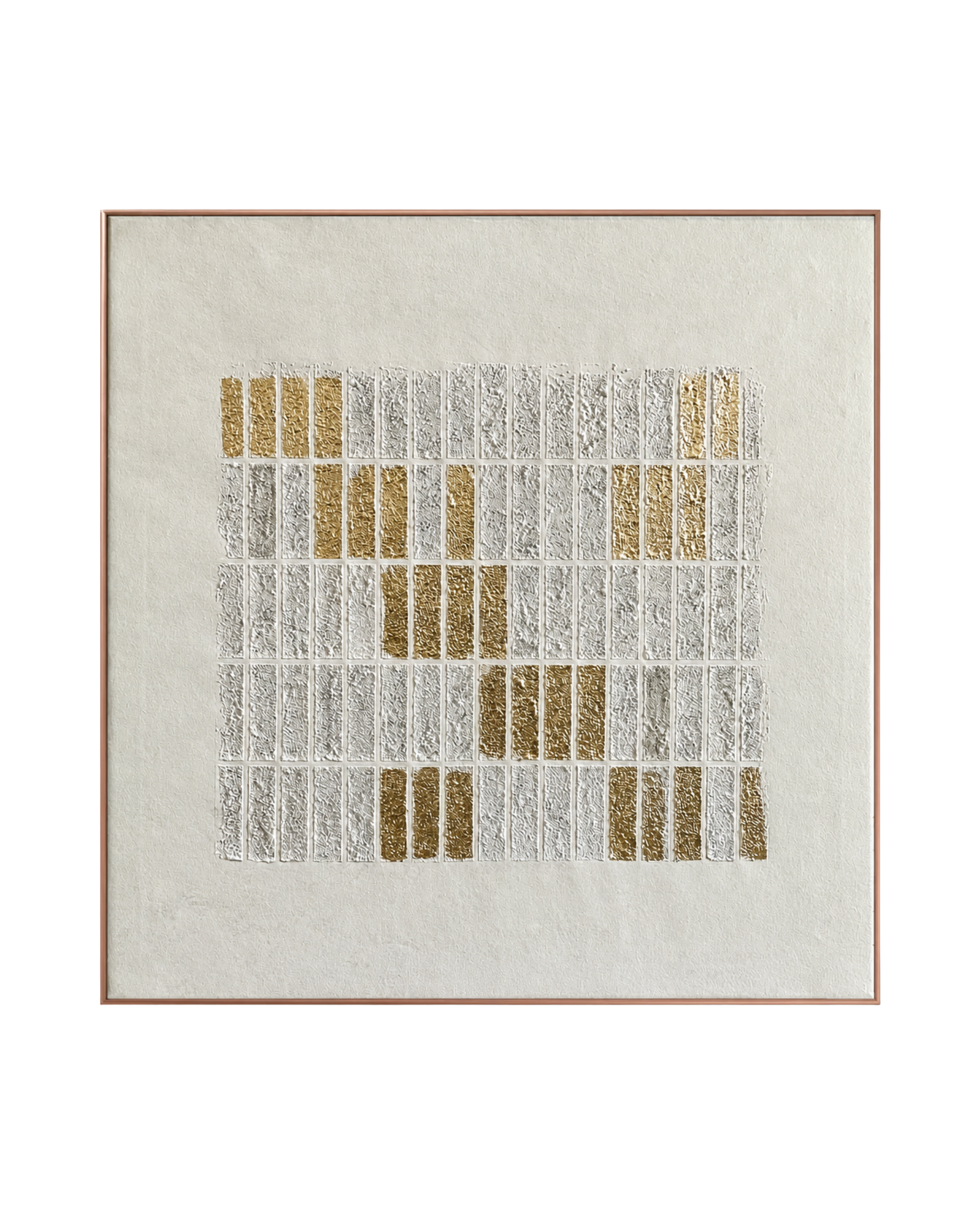 A wabi-sabi style hand-painted square canvas wall art panel depicting a structured layout of repetitive vertical textured plaster ridges and gold foil blocks segmented by thin gridlines on a smooth cream background for modern organic decor.