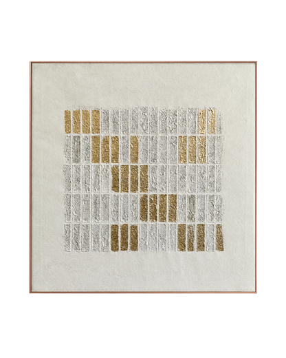 A wabi-sabi style hand-painted square canvas wall art panel depicting a structured layout of repetitive vertical textured plaster ridges and gold foil blocks segmented by thin gridlines on a smooth cream background for modern organic decor.