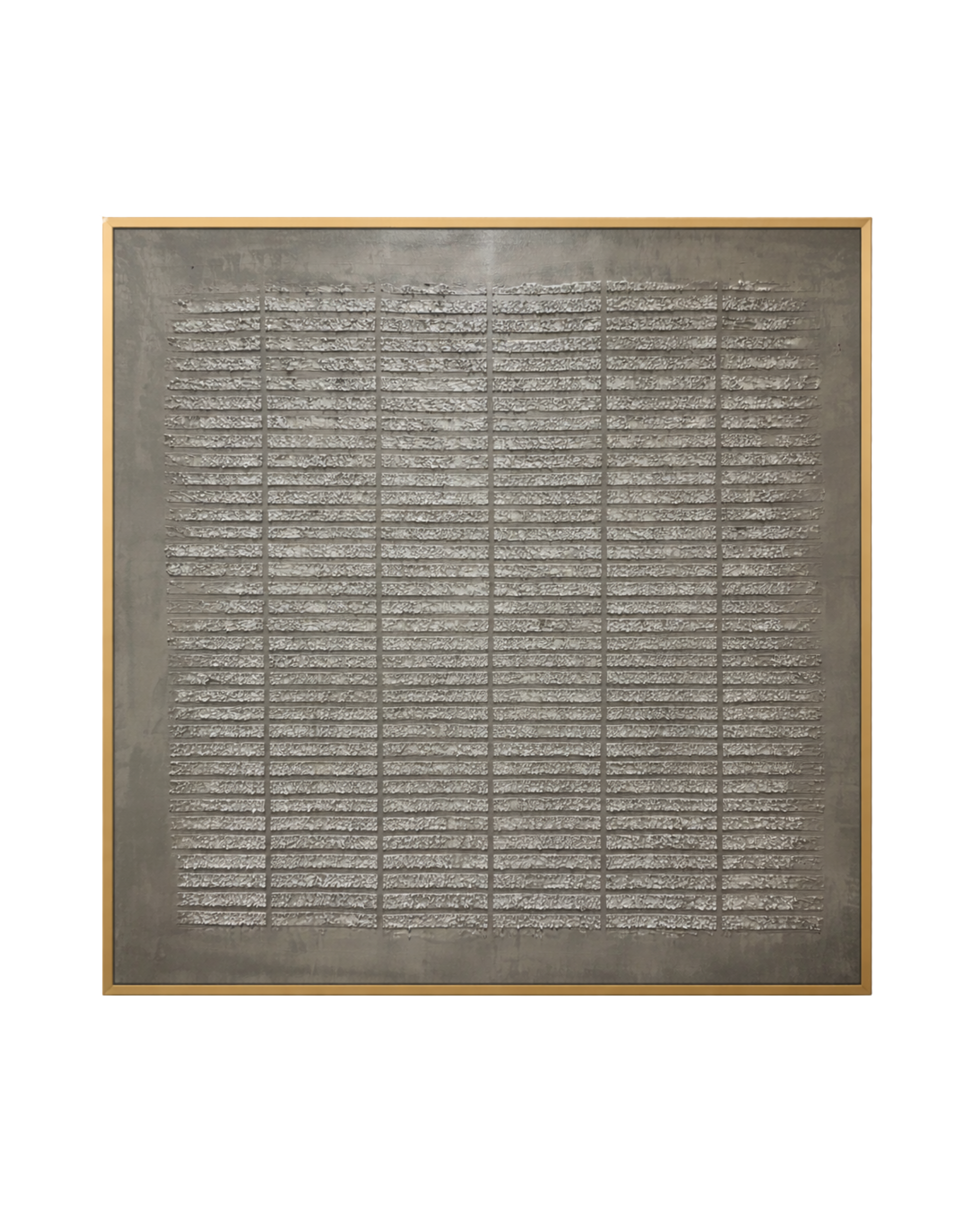 A wabi-sabi style hand-painted square canvas wall art panel depicting a structured layout of repetitive horizontal textured plaster ridges segmented by thin vertical gridlines on a smooth earth grey background for modern organic decor.