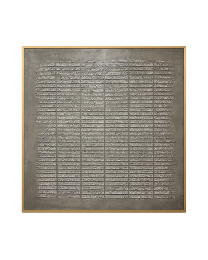 A wabi-sabi style hand-painted square canvas wall art panel depicting a structured layout of repetitive horizontal textured plaster ridges segmented by thin vertical gridlines on a smooth earth grey background for modern organic decor.