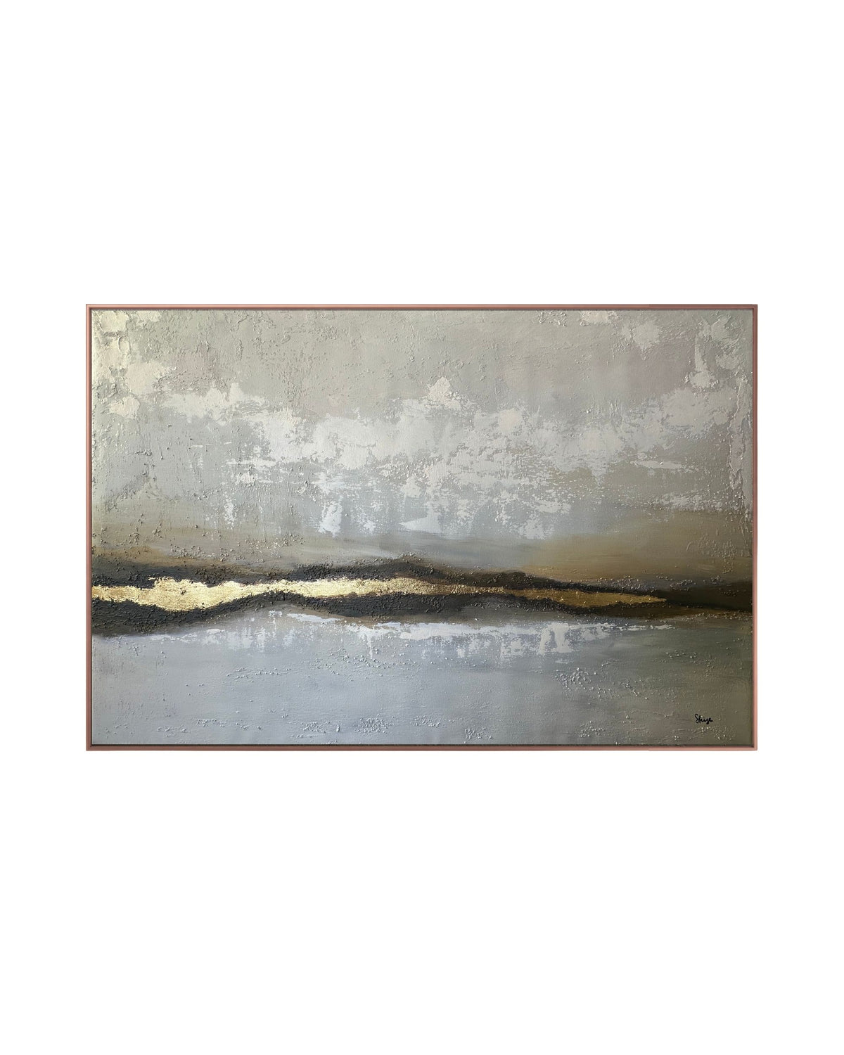 The Where Light Remains original hand-painted canvas wall art panel by Skye, showcasing a heavy gold foil horizon over a deep blue and yellow ochre mixed landscape texturing under a gray sky.