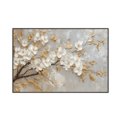 An 80x120 cm white blossom and gold floral canvas print wall art panel depicting a minimalist flowering tree branch with white petals and golden yellow leaves for modern living room decor.