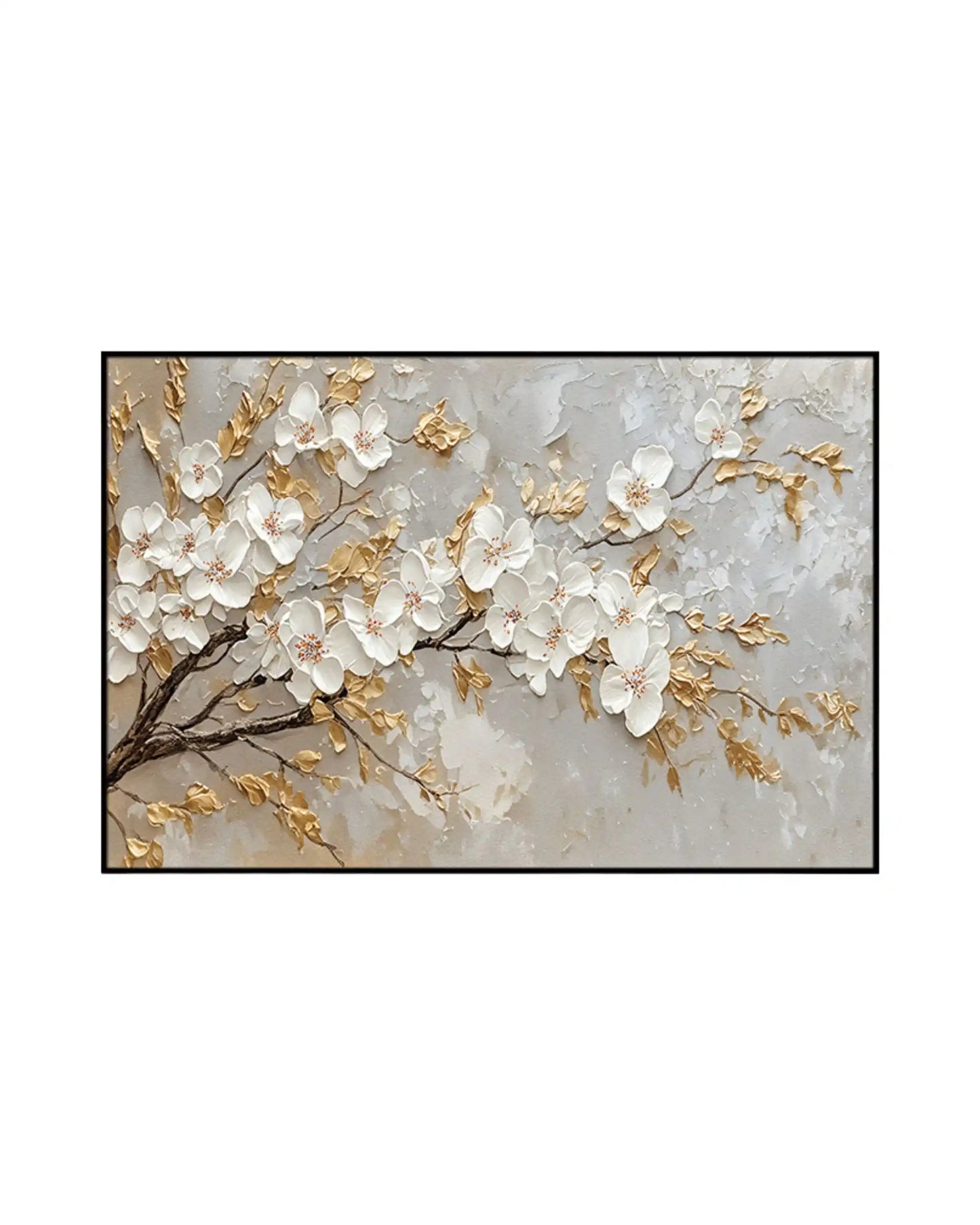 Horizontal canvas print featuring white cherry blossom tree branches with golden yellow leaves over a textured beige background.