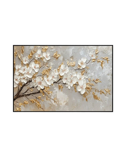 Horizontal canvas print featuring white cherry blossom tree branches with golden yellow leaves over a textured beige background.
