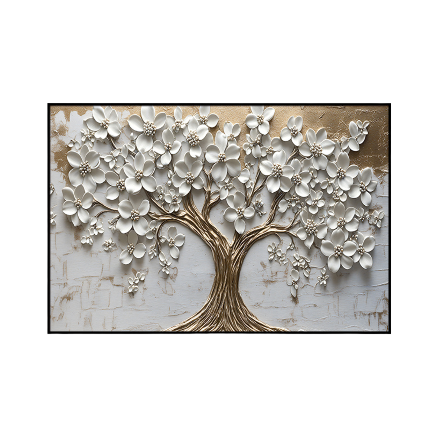 An 80x120 cm white blossom and gold tree canvas print wall art panel depicting a minimalist tree with sprawling golden branches and white flower petals for modern living room decor.