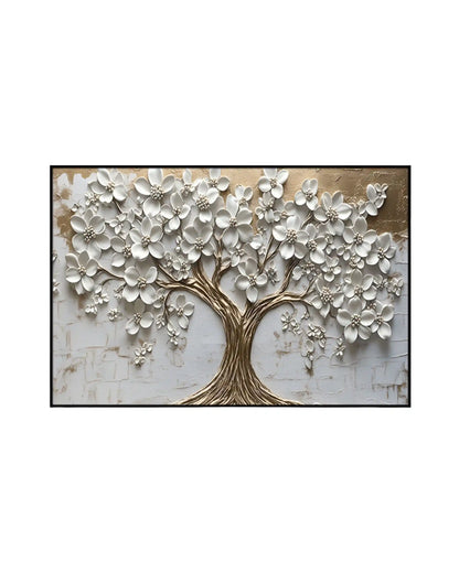 Decorative wall art of a tree with white flowers on a textured background