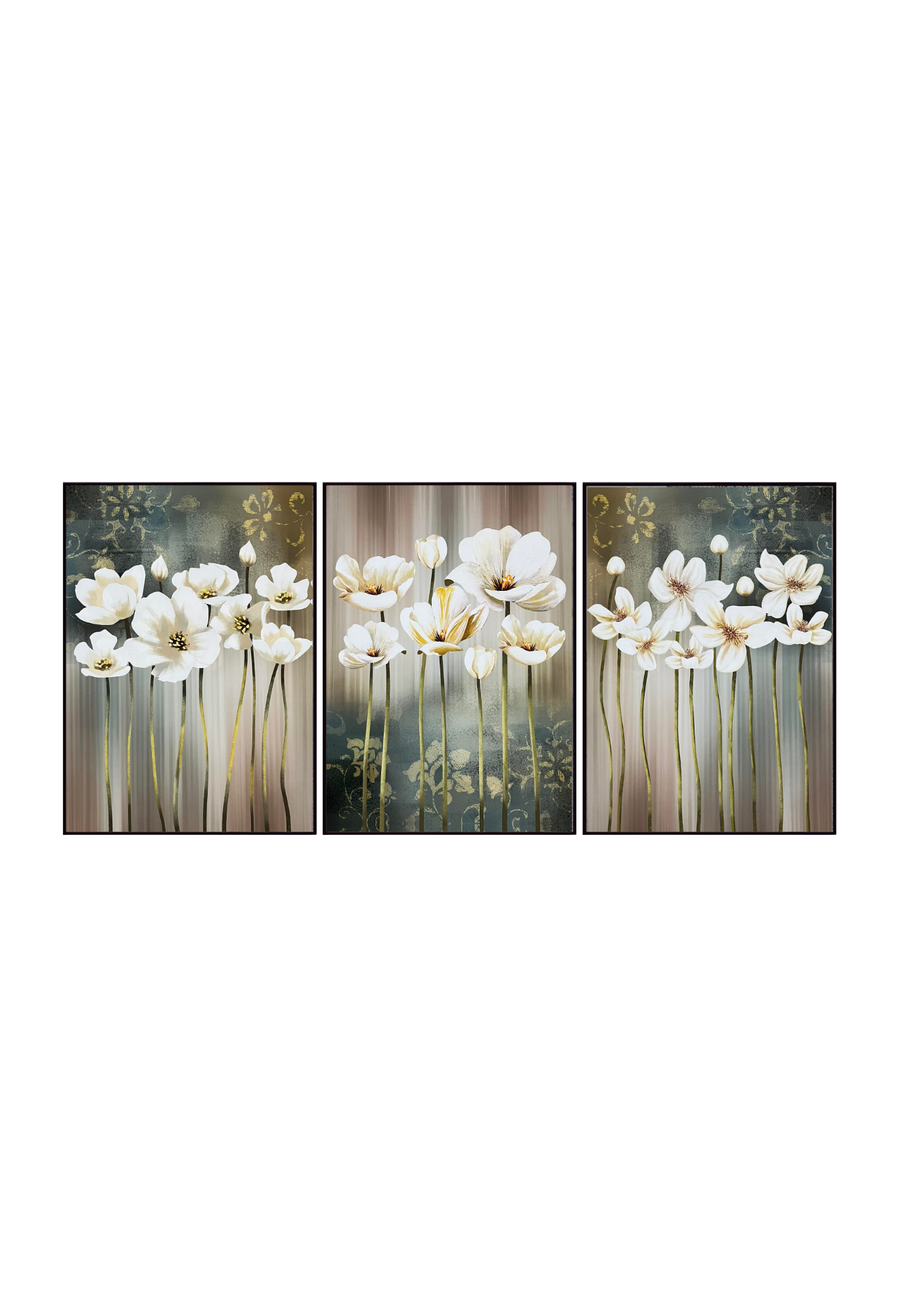 Three 50x70 cm white blossom and sage green floral canvas print wall art panels depicting minimalist long-stemmed cream flowers and golden line details for modern living room decor.