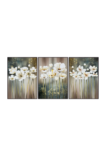 Three 50x70 cm white blossom and sage green floral canvas print wall art panels depicting minimalist long-stemmed cream flowers and golden line details for modern living room decor.