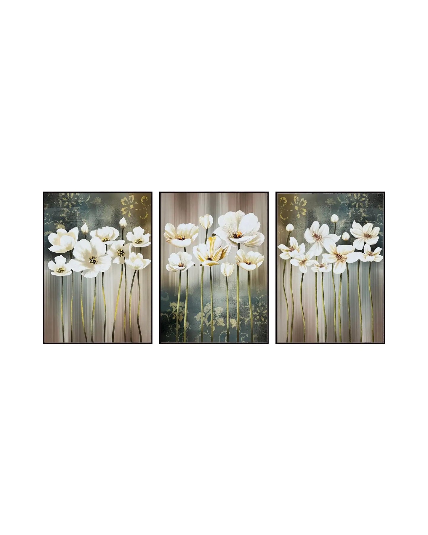 Modern minimalist abstract triptych canvas prints featuring elegant white blossom flowers with slender gold stems, vertical textured background stripes, and damask floral stencils in cream, beige, brown, and muted teal green.