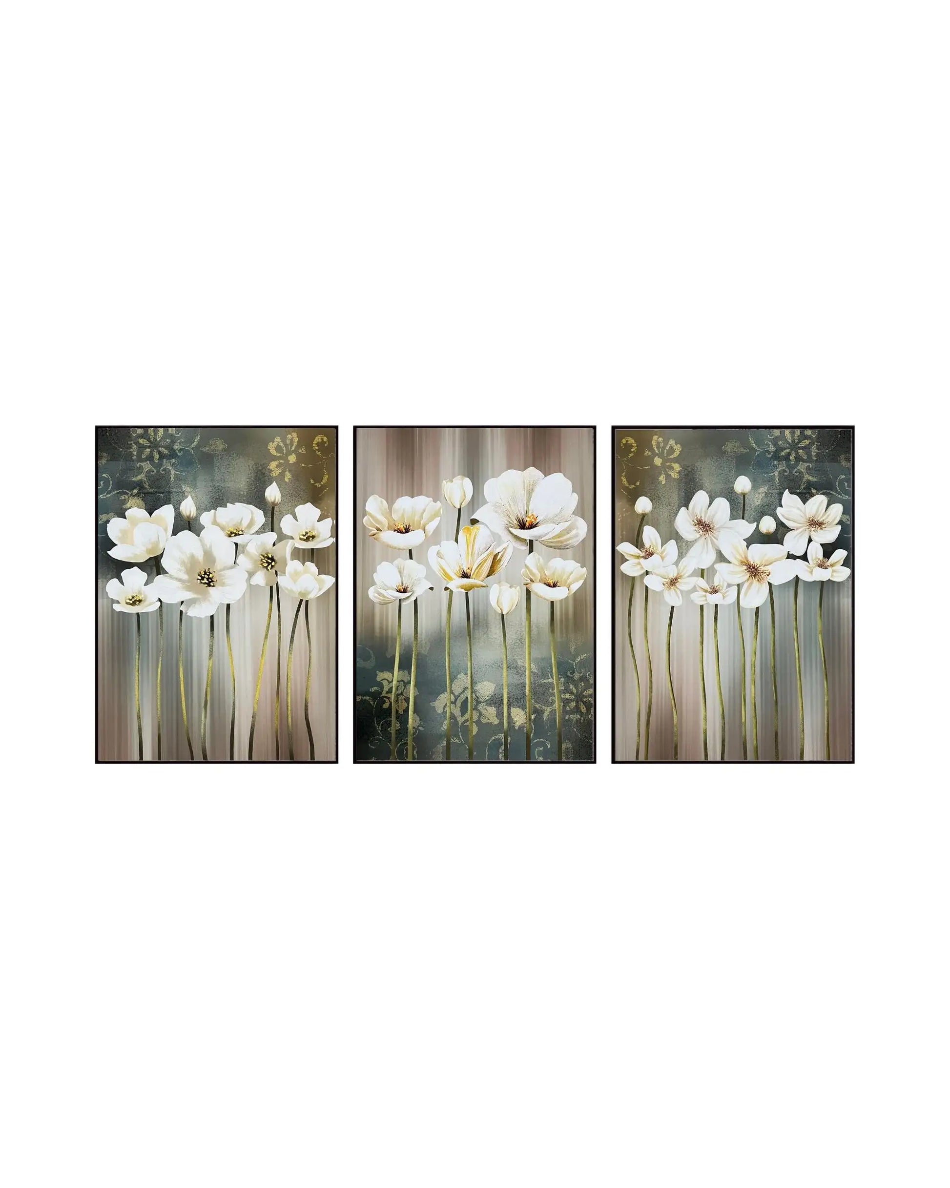 Modern minimalist abstract triptych canvas prints featuring elegant white blossom flowers with slender gold stems, vertical textured background stripes, and damask floral stencils in cream, beige, brown, and muted teal green.