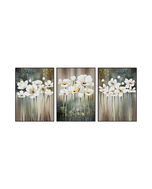 Modern minimalist abstract triptych canvas prints featuring elegant white blossom flowers with slender gold stems, vertical textured background stripes, and damask floral stencils in cream, beige, brown, and muted teal green.